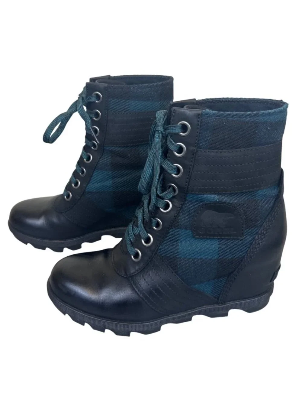 Sorel Lexie Wedge Boots Women's 7 Green Plaid Lace Up Winter Boot Waterproof